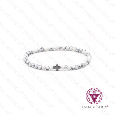 PULSEIRA HOWLITA BRANCA 4MM CRUZ HEMATITE
