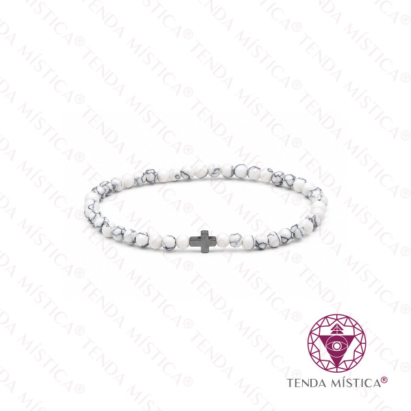 Pulseira Howlita Branca 4 mm Cruz Hematite