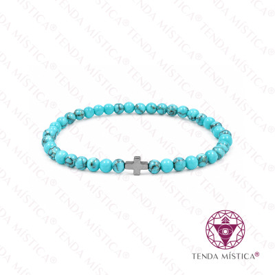 PULSEIRA HOWLITA AZUL 4MM CRUZ HEMATITE