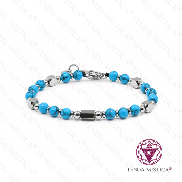 Pulseira Turquesa Aço Cubo 6 mm
