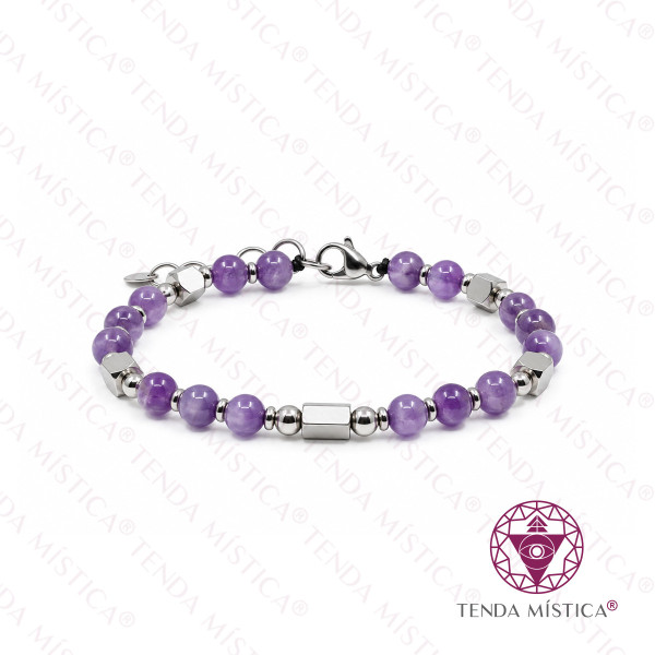 Pulseira Ametista Aço Cubo 6 mm