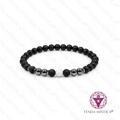 PULSEIRA ONIX MATTE/HEMATITE HOWLITA BRANCA 6MM
