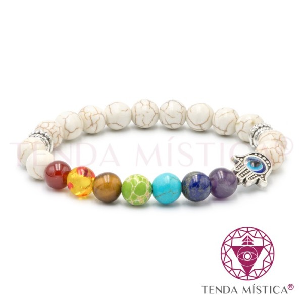 Pulseira Chakras Hamsá Howlite Branca