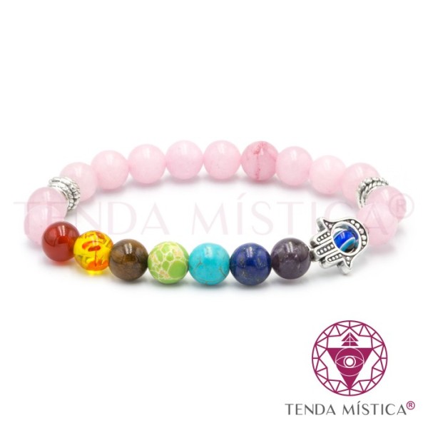Pulseira Chakras Hamsa Olho de Tigre Rosa 8mm