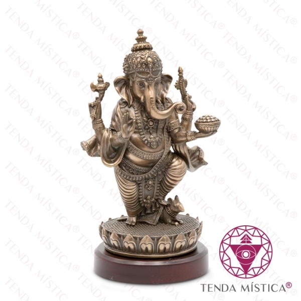 Imagem Ganesha Resina Bronze Base Madeira