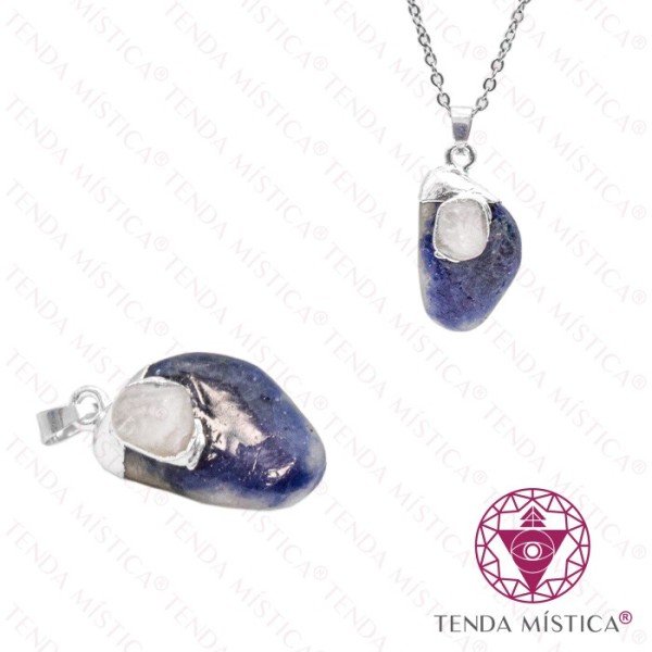 Pendente Sodalite e Quartzo Cristal Topo Prateado