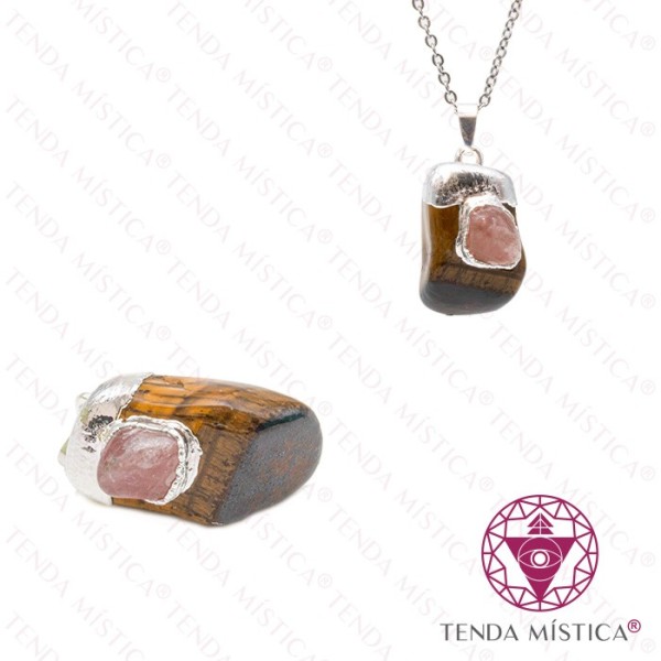 Pendente Olho de Tigre e Quartzo Rosa Topo Prata