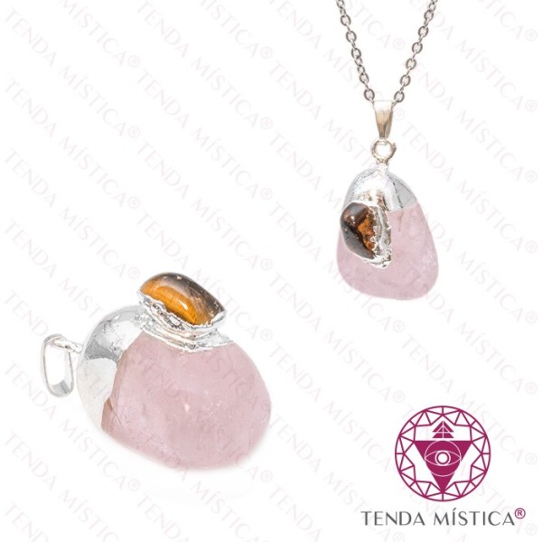 Pendente Quartzo Rosa e Olho Tigre Topo Prata