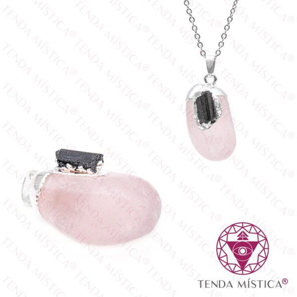 Pendente Quartzo Rosa e Turmalina Topo Prata
