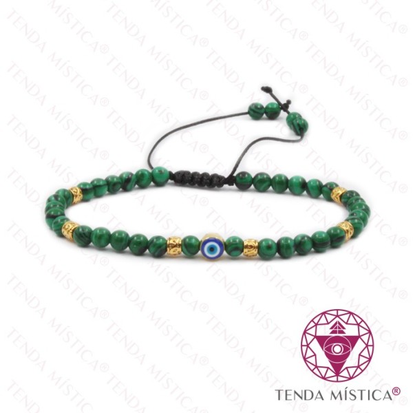 Pulseira Malaquite + Olho Turco Ajustável 4mm